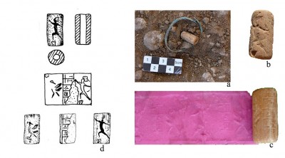 Figure 5. The cylindrical seal from grave 69 at Lama (a: <i>in situ</i>, b: the archer, c: new impression of the seal, d: drawing of seal impression).